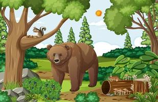escena con oso grizzly en el bosque durante el día vector