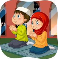 Muslim sister and brother in praying position cartoon character vector