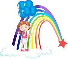 niña sosteniendo globos con arcoiris vector