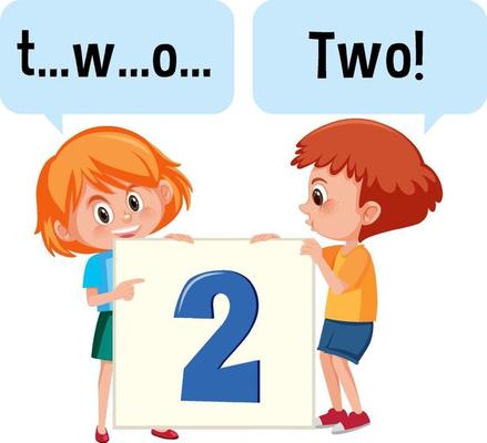 Cartoon character of two kids spelling the number two