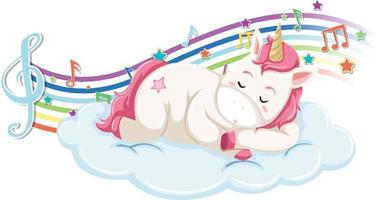 lindo unicornio durmiendo en la nube con símbolos de melodía en el arco iris vector