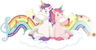 Unicorn sitting on the cloud with melody symbols on rainbow wave vector