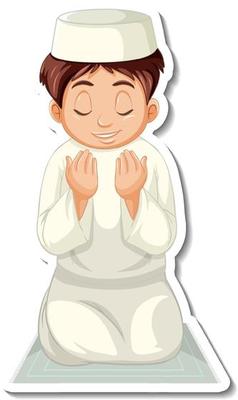 A sticker template with Muslim boy sitting on rug and praying