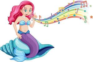 Beautiful mermaid with melody symbols on rainbow vector