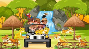 Safari at sunset scene with kids watching leopard group vector