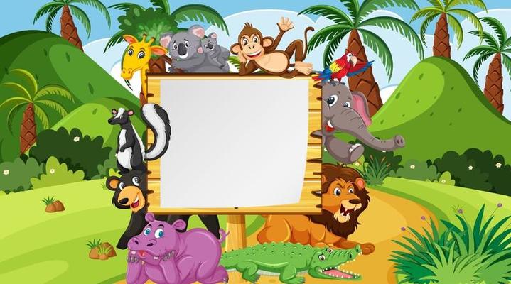 Empty wooden frame with various wild animals in the forest