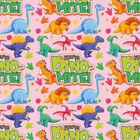 Seamless pattern with cute dinosaurs and font on pink background vector