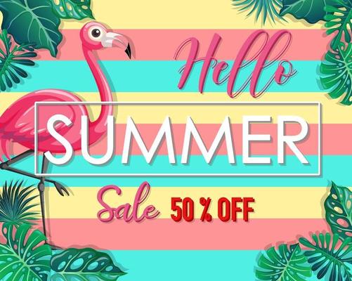 Hello Summer Sale banner with tropical leaves