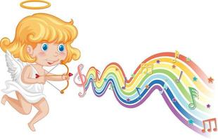 Cupid girl with melody symbols on rainbow wave vector