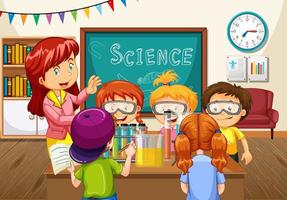 Teacher explaining science experiment to students in the classroom vector