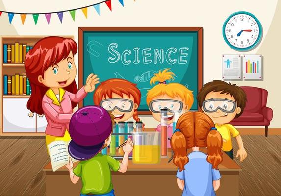 Teacher explaining science experiment to students in the classroom