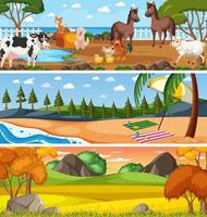 Different panoramic nature landscape set with cartoon character vector