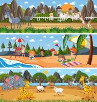 Different panoramic nature landscape set with cartoon character vector