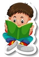 Plantilla de pegatina con un niño leyendo un libro personaje de dibujos animados aislado vector