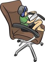 niño jugando tableta en silla de oficina con vector de colores