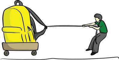 male student boy trying to drag yellow big school bag to school vector