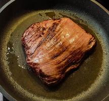 flank steak with forest mushrooms and fried potatoes photo