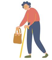 An elderly woman. Grandmother with a bag and a cane in her hands. vector