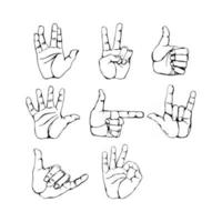 gestos con las manos y conjunto de iconos de lenguaje de señas. Ilustración de contorno aislado de manos humanas vectoriales. contorno manos vector colección-precisión boceto de gestos con las manos-versión en color en mi galería