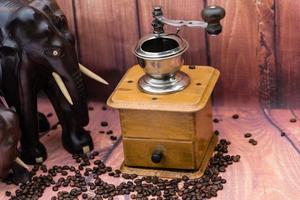 roasted Coffee beans and a vitage coffee grinder photo