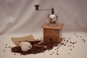 roasted Coffee beans and a vitage coffee grinder photo