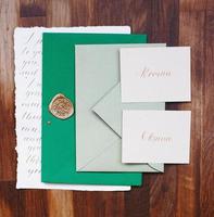 Wedding details flat lay. Wedding invitation. Mock up. Envelope. photo