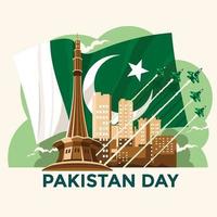 día nacional de pakistán con minar e pakistán y fondo de bandera vector