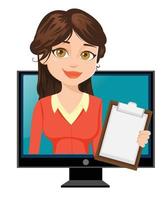 Cartoon businesswoman appears from TV. Cute character vector