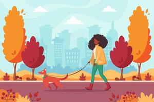 Black woman walking with dog in autumn park. Outdoor activity vector