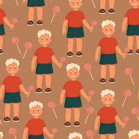 Little boy with lollipop in hand seamless pattern. vector