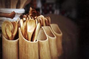 Traditional Brown Wooden Spoons in Bazaar photo