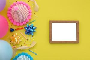 Happy birthday background, Flat lay colorful party decoration photo