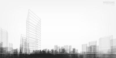 Wireframe city background. Perspective 3D of building wireframe. vector