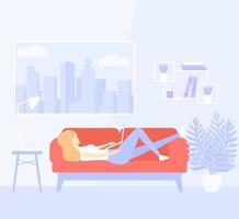 girl working at home, lying on the sofa with a laptop vector