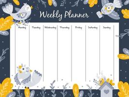 Weekly planner with cute birds. Vector