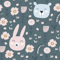 Seamless pattern with cute rabbit, bear and flowers. Vector