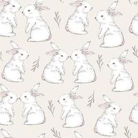 Seamless pattern with cute white rabbits. Hand Drawn vector