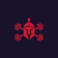 Gym logo with spartan helmet and barbells vector