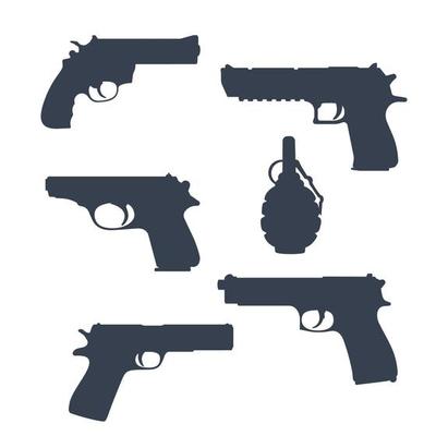 revolver, pistols, gun, handguns, grenade silhouettes isolated