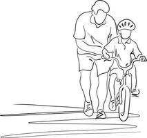 padre enseñando a su hijo con casco de seguridad a andar en bicicleta vector