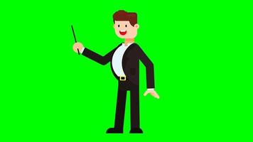 Young man in black suit explaining something using stick pointer. video