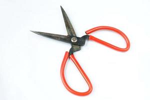 Closeup shot of scissors with red handles isolated on a white photo