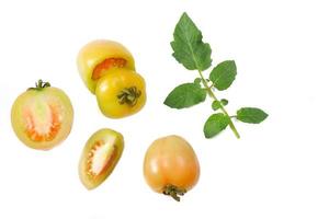 Top view of tomatoes with leaves isolated on white background photo