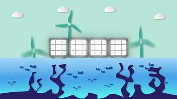 scène environnementale avec éoliennes et panneaux solaires sur la rivière. video