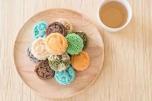 Fresh moon cake on wood plate photo