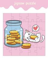 jigsaw puzzle game of cat is loving coins vector