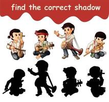 Encuentra la sombra correcta de los personajes de los músicos populares. vector