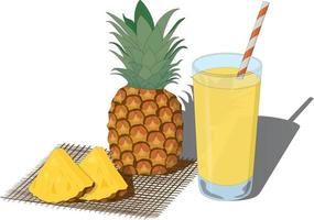 Glass of fresh pineapple juice and whole and cut pineapples vector