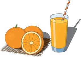 Glass of fresh orange juice and whole and cutted oranges vector