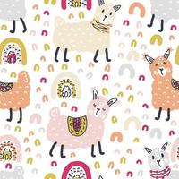 Free hand drawing vector seamless pattern of lamas and rainbows